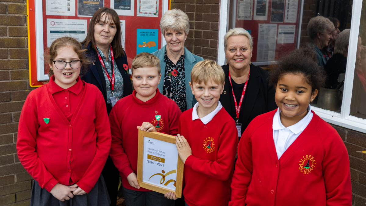 Pupils and Heateacher from Lilleshall Primary School with there Gold Healthy Schools Award.
